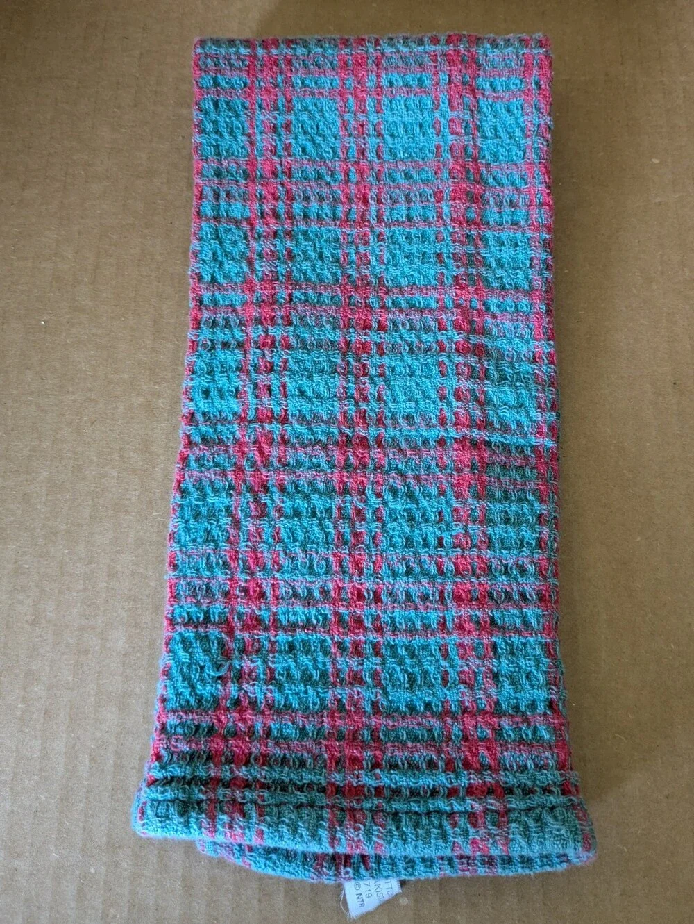 Towel Plaid Hand Towel Teal and Red 100% Cotton